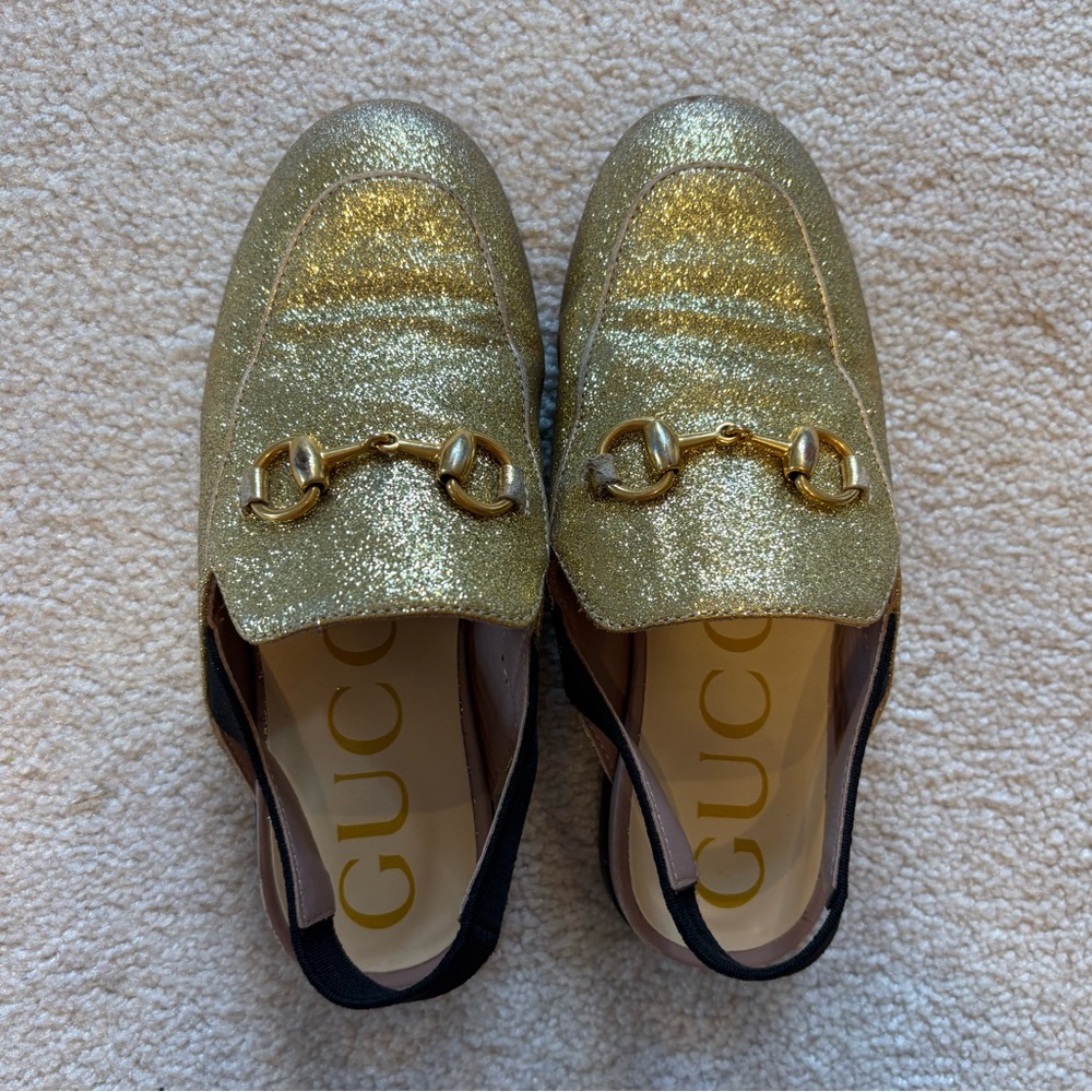 Gucci kids Gold Glitter Slingback Loafer with Horsebit